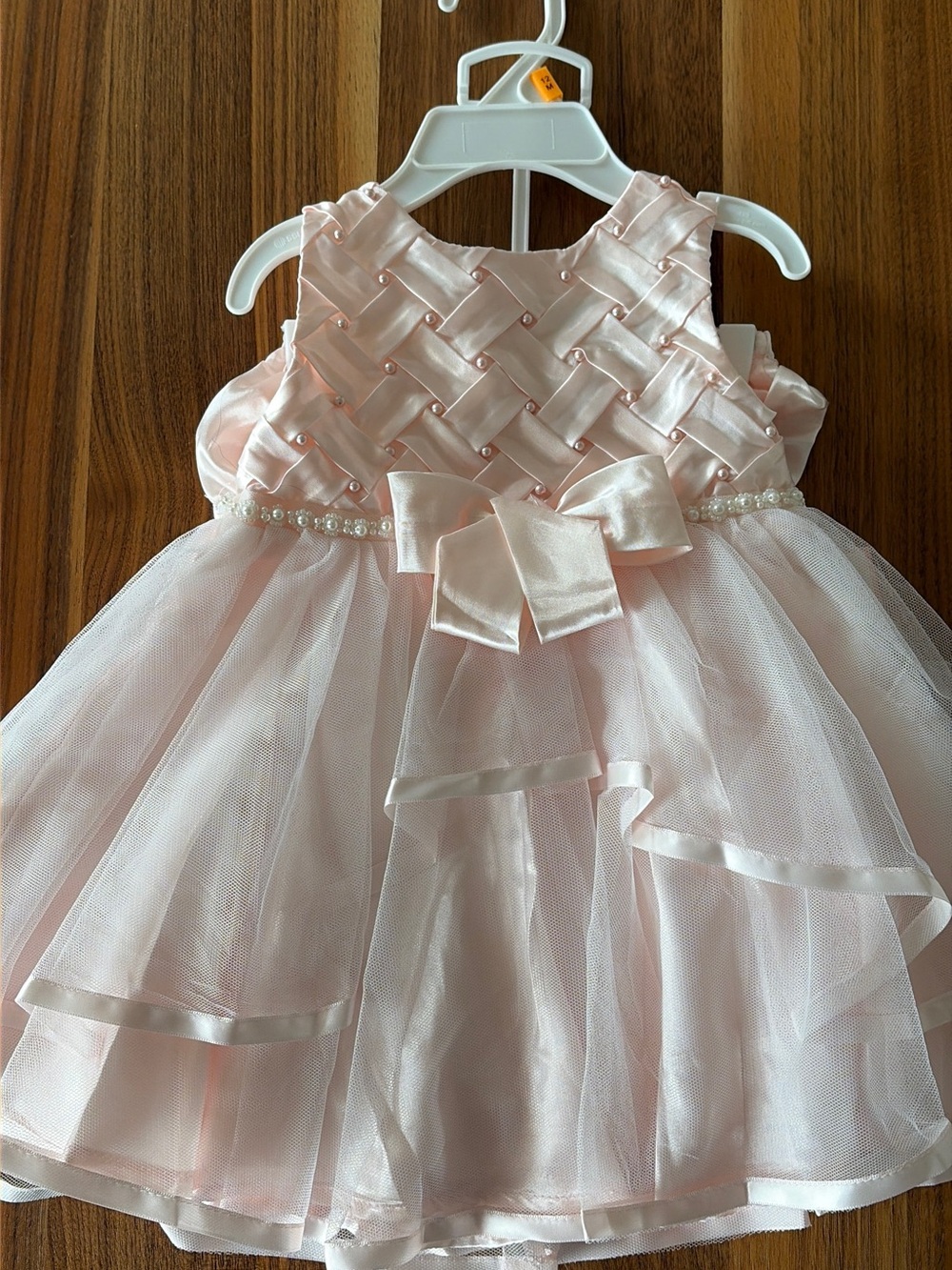 Pink Satin & Tulle Girls Party Dress with Pearl Waist